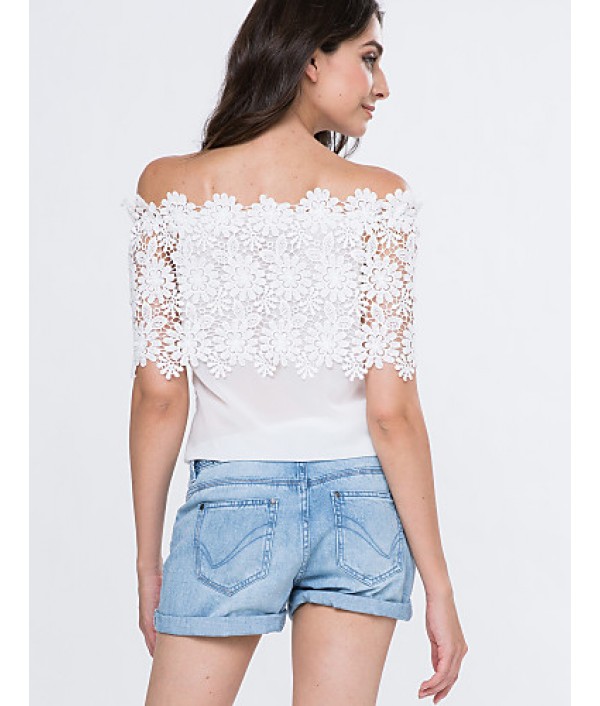 Women's Lace Cutout Off Shoulder Patchwork T-shirt