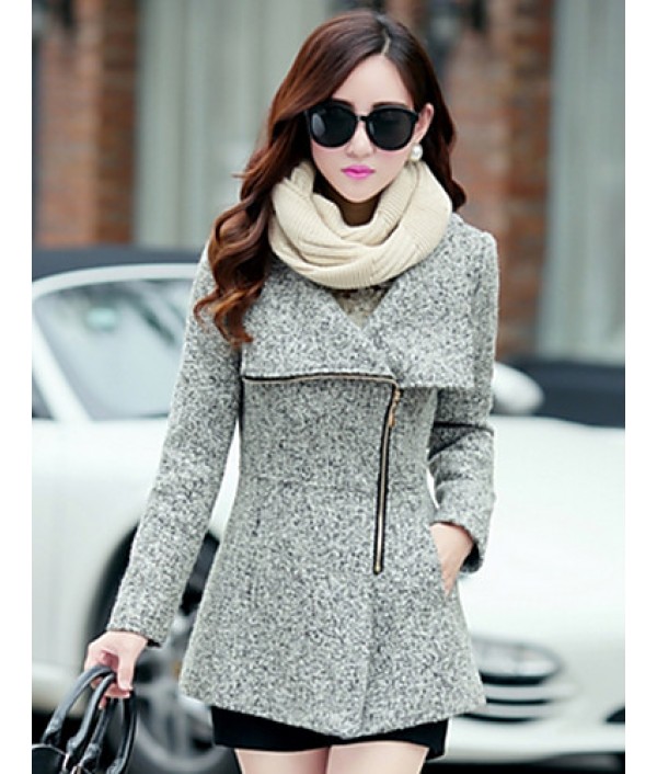 Women's Casual/Daily Simple Coat,Print Shirt Collar Long Sleeve Winter Red / Gray Wool Thick