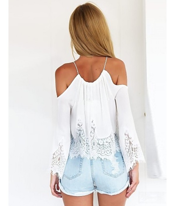 Women's Beach/Casual Lace Hem Long Sleeve Short T-shirt