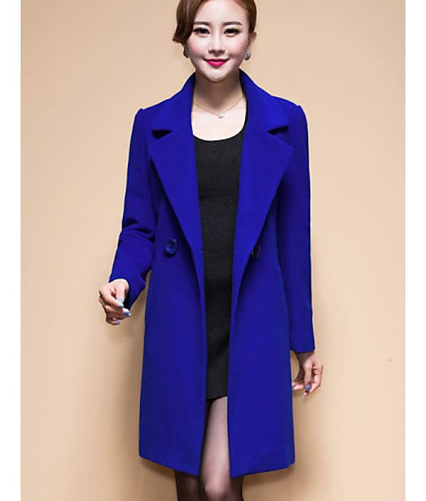 Women's Coat,Solid / Patchwork Peaked Lapel Long Sleeve Winter Blue / Black / Yellow Wool / Others Thick