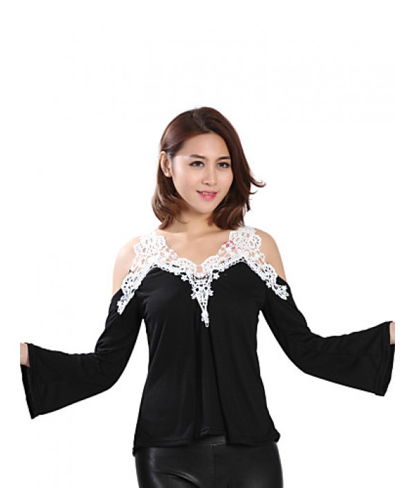 Women's Patchwork Lace Strap Off-The-Shoulder All Match Loose Casual V Neck Long Sleeve Plus Size T-shirt