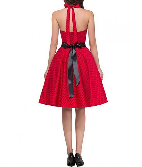 Women's Going out Vintage A Line Dress,Polka Dot Halter Knee-length Sleeveless Red Polyester Summer