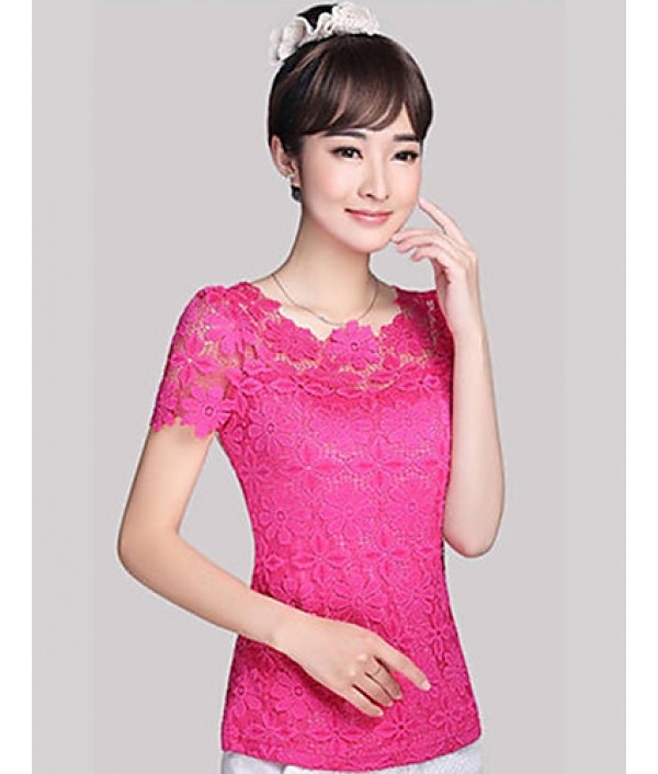 Summer Plus Size Women Solid Color Round Neck Short Sleeve Lace Blouse Slim Was Thin T-shirt Tops