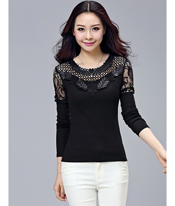 Women's Patchwork Black Blouse,Plus Size/ Casual Lace Cut Out Mesh Embroidery Flower Fashion Slim Nylon