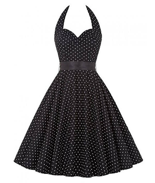 Women's Going out Vintage A Line Dress,Polka Dot Halter Knee-length Sleeveless Blue / Black Polyester Summer