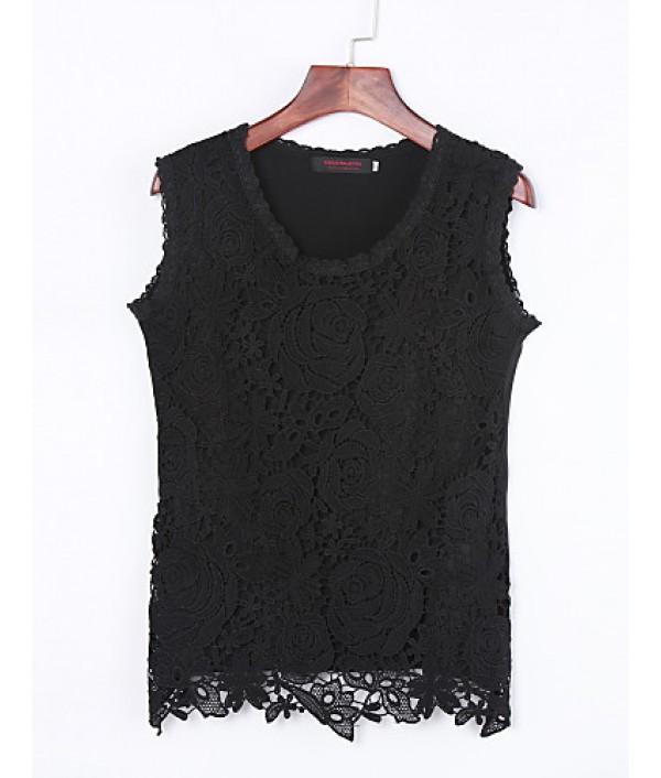 Women's Round Neck Lace Shirt, Cotton Blends Sleeveless