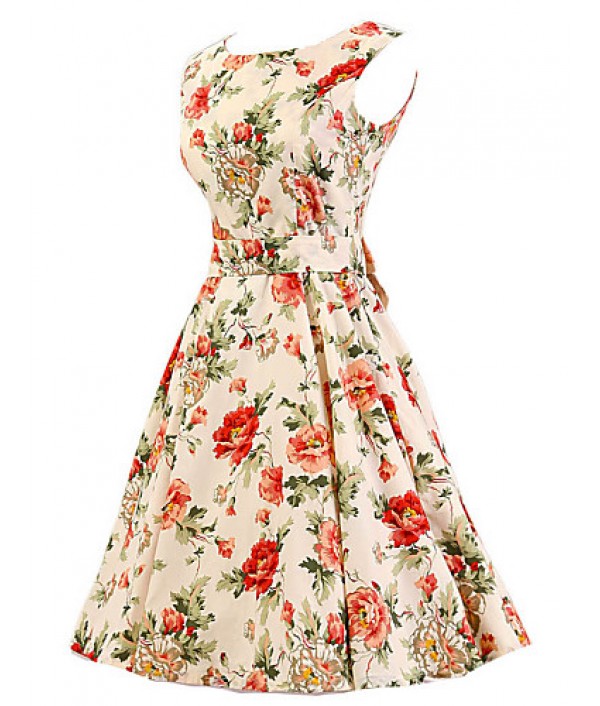 Women's Cream Floral Dress , Vintage Sleeveless 50s Rockabilly Swing Short Cocktail Dress