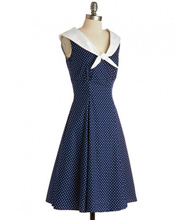 Women's Party/Cocktail Vintage A Line / Skater Dress,Polka Dot V Neck Knee-length Sleeveless Blue Cotton / Polyester Fall High Rise