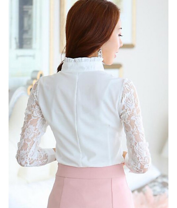 Women's Patchwork Lace Chiffion Pleated OL Style Slim Large Size Shirt,Shirt Collar Long Sleeve