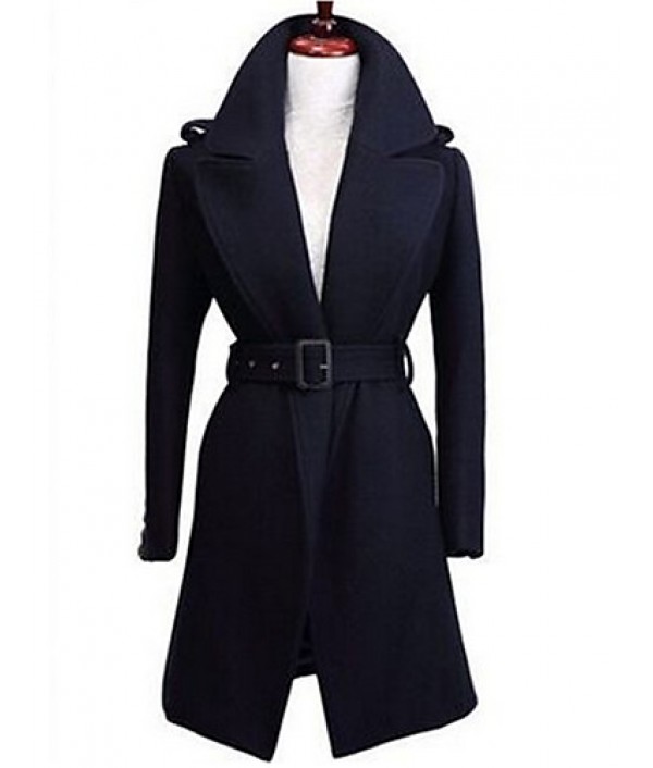 Women's Formal Simple Coat,Solid Shirt Collar Long Sleeve Winter Blue / Black Wool Thick