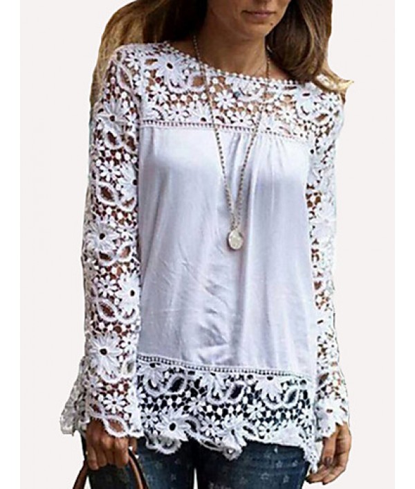 Women's Sexy Casual Lace Cute Plus Sizes Inelastic Long Sleeve Regular Shirt (Lace)