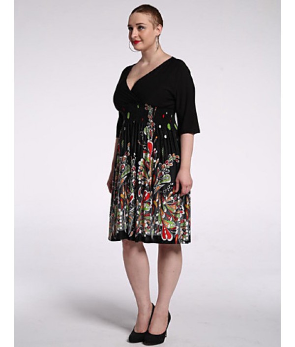 Women's Beach / Plus Size Boho Chiffon Dress,Floral V Neck Knee-length 陆 Length Sleeve Black Polyester / Spandex Summer