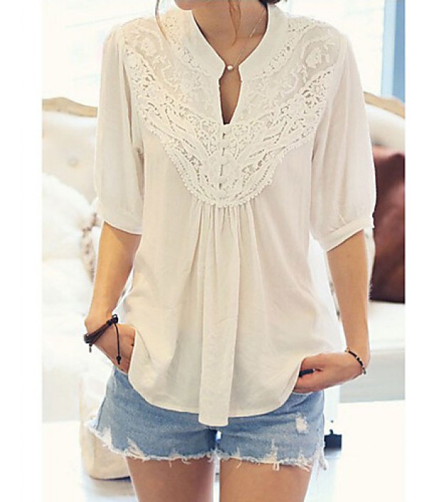 Women's Casual/Daily Cute Spring Blouse,Patchwork V Neck ? Length Sleeve White Cotton Opaque