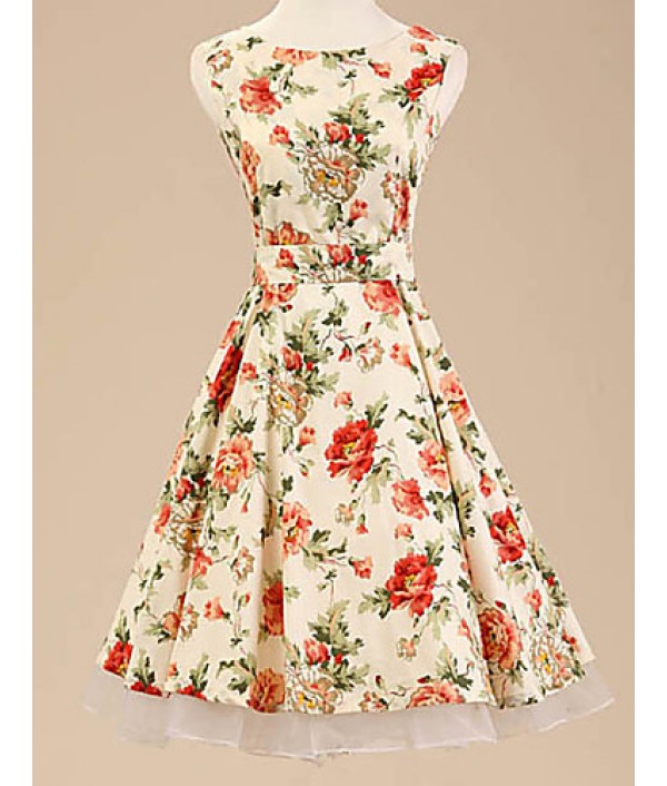 Women's Halter 50s Vintage Flower Print Rockabilly Sleeveless Dress(Not Include Petticoat)