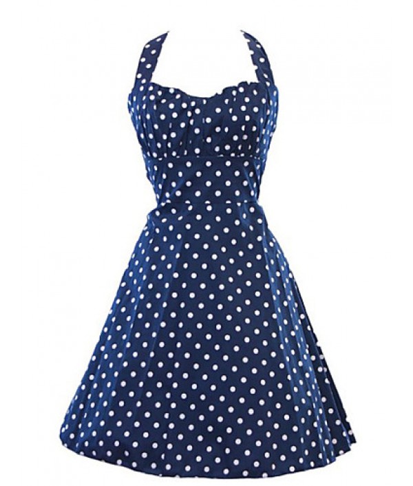 Women's Retro 50s Slim Polka Dot Sleeveless Swing Party Dress