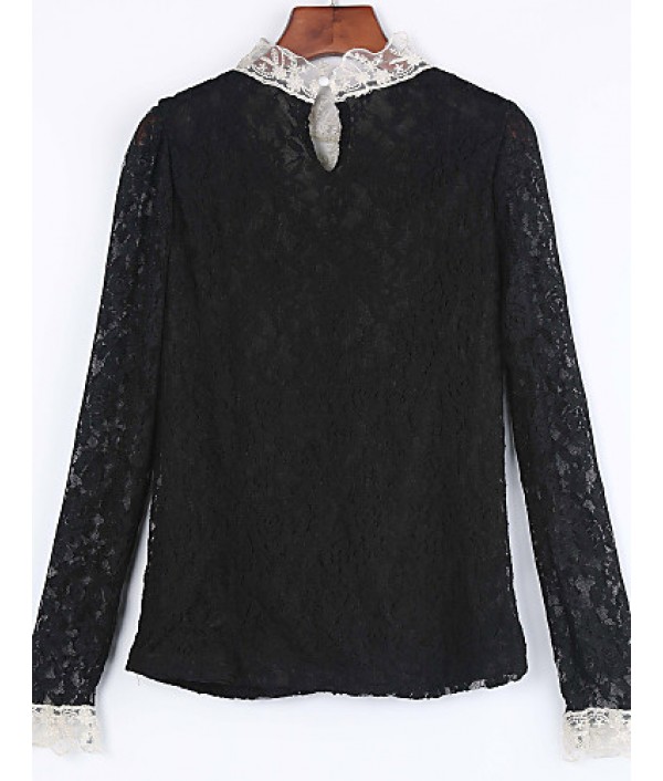 Women's Lace Crochet Black/Beige Blouse, Vintage Stand Collar Long Sleeve