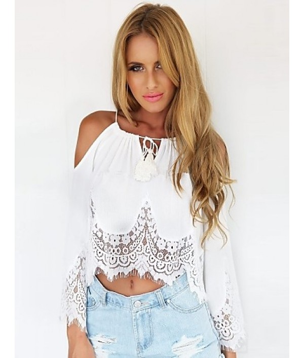 Women's Beach/Casual Lace Hem Long Sleeve Short T-shirt