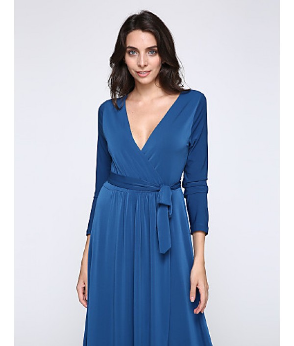 Women's Party/Cocktail Plus Size Plus Size Dress,Solid V Neck Midi Long Sleeve Blue Spandex Fall