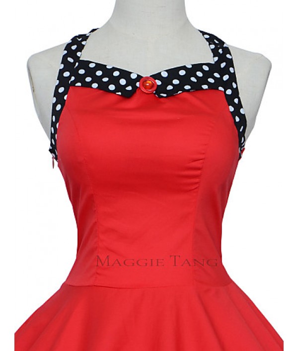 Women's Red/Black Vintage Polka Dots Midi Swing Dress, Full Circle Halter