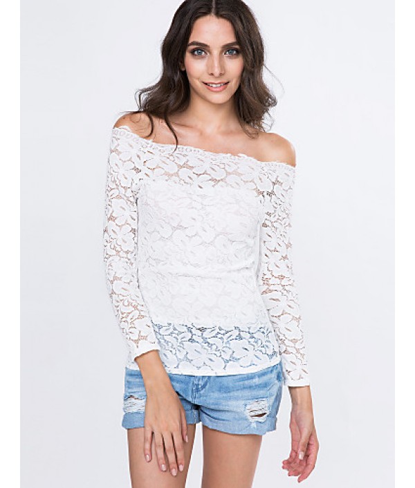 Women's Vogue Lace Bateau Long Sleeve Hollow Out Lace T-shirt