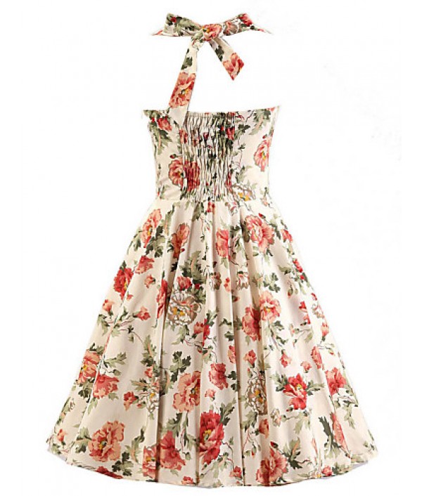 Women's Cream Floral Dress , Vintage Halter 50s Rockabilly Swing Dress