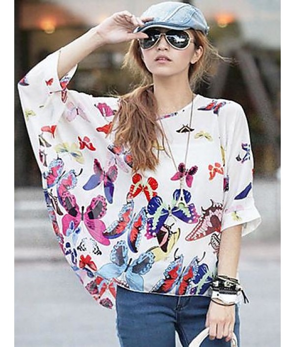 Women's Slack Neck Batwing Sleeve Printed Loose-Fitting Blouse