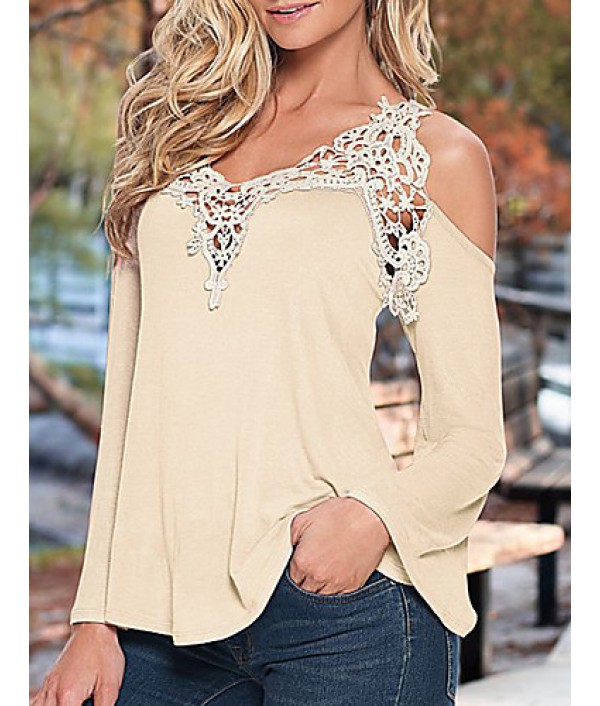 Women's Patchwork Lace Strap Off-The-Shoulder All Match Loose Casual V Neck Long Sleeve Plus Size T-shirt