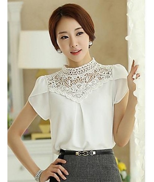 Women's Casual/Daily / Work Sexy / Simple Spring / Summer / Fall / Winter Blouse,Solid Stand Short Sleeve White Polyester / OthersOpaque