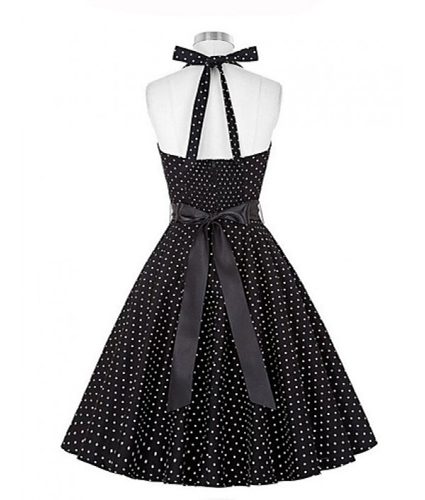 Women's Going out Vintage A Line Dress,Polka Dot Halter Knee-length Sleeveless Blue / Black Polyester Summer