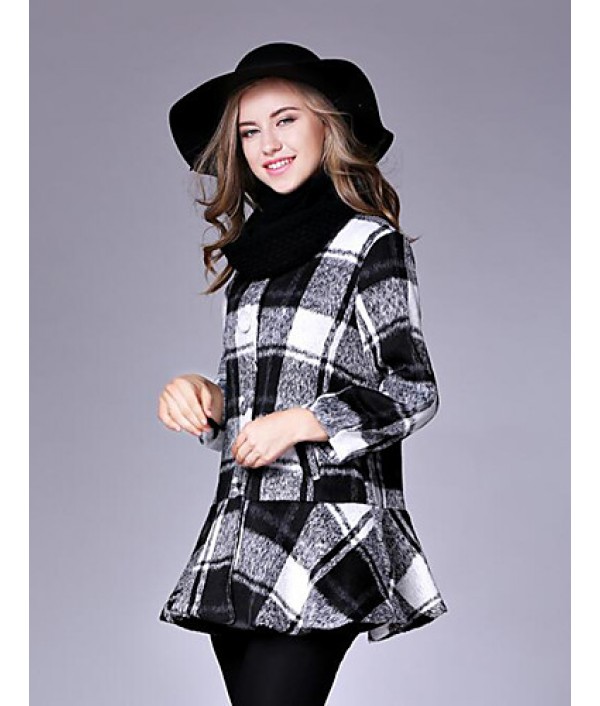 Women's Casual/Daily Street chic CoatPlaid Round Neck Long Sleeve Fall / Winter Red / Black / Green Wool Medium