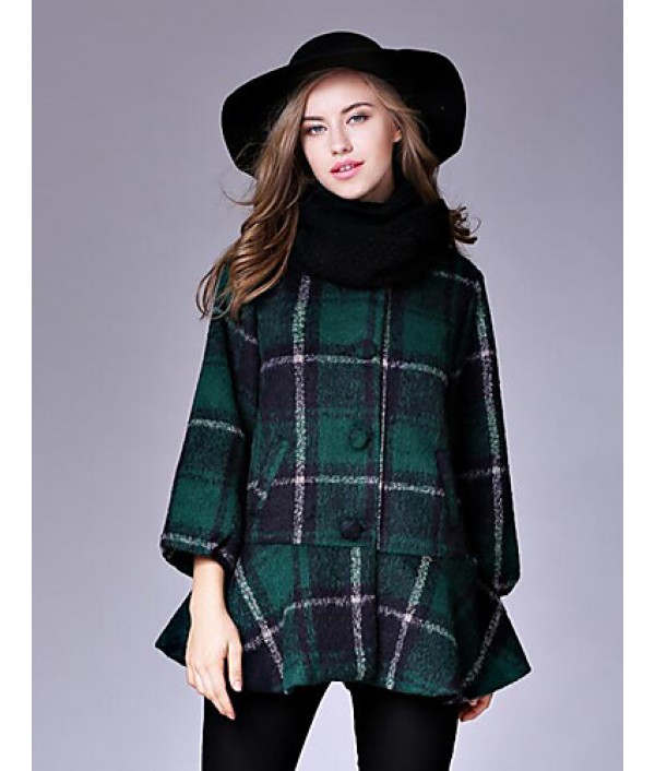 Women's Casual/Daily Street chic CoatPlaid Round Neck Long Sleeve Fall / Winter Red / Black / Green Wool Medium