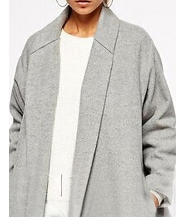 Women's Coat,Solid Shirt Collar Long Sleeve Winter Gray Wool Opaque