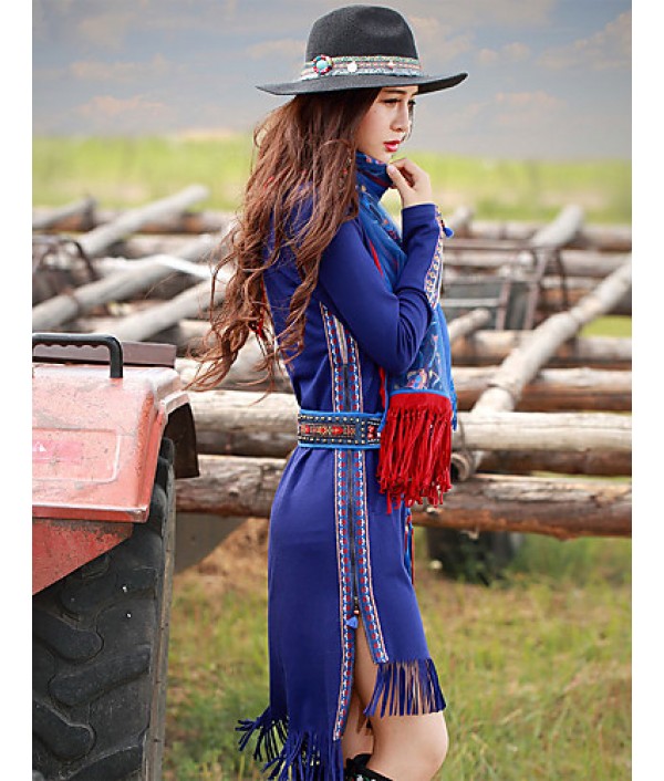 Our StoryGoing out Vintage Sheath DressPaisley Round Neck Midi Long Sleeve Blue Polyester / Spandex Spring