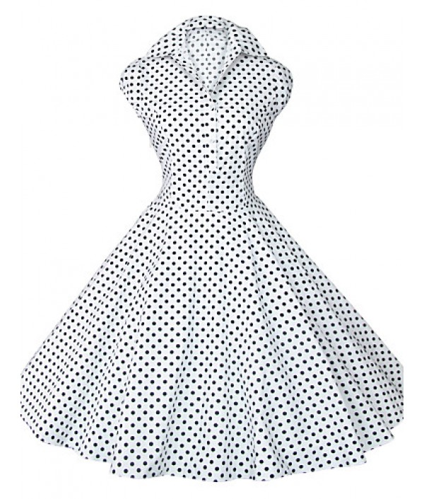 Women's White/Black/Blue 50s Vintage Polka Dots Swing Midi Dress